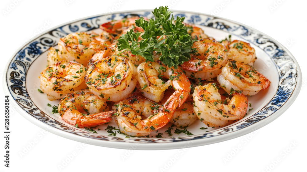 Grilled shrimp garnished with parsley on decorative plate isolated on transparent background, PNG Grilled shrimp garnished with parsley on decorative plate isolated on transparent background, PNG