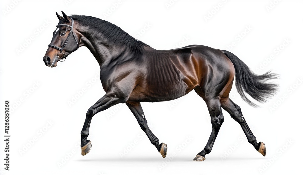 Chestnut horse in motion against a white background. The horse is depicted in profile, showcasing its muscular build and flowing mane and tail. High Chestnut horse in motion against a white background. The horse is depicted in profile, showcasing its muscular build and flowing mane and tail. High