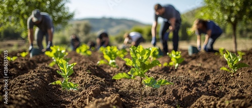 Corporate Employees Engaging in Tree Planting Activity for Environmental Sustainability Initiative