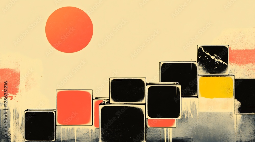 Obraz premium Warm sun illuminates abstract geometric art bold color blocks subtly textured. AI Generated