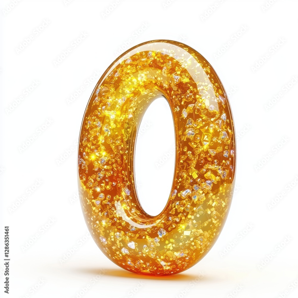 Number 0 made of shimmering golden slime with sparkling diamond-like glitter inside isolated on a clean white background Number 0 made of shimmering golden slime with sparkling diamond-like glitter inside isolated on a clean white background