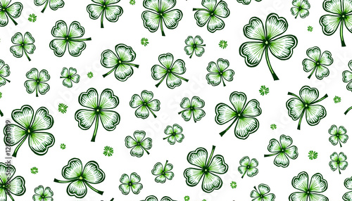 Pattern of hand-drawn green clovers on white background for St. Patrick’s Day, joyful design, copy space
