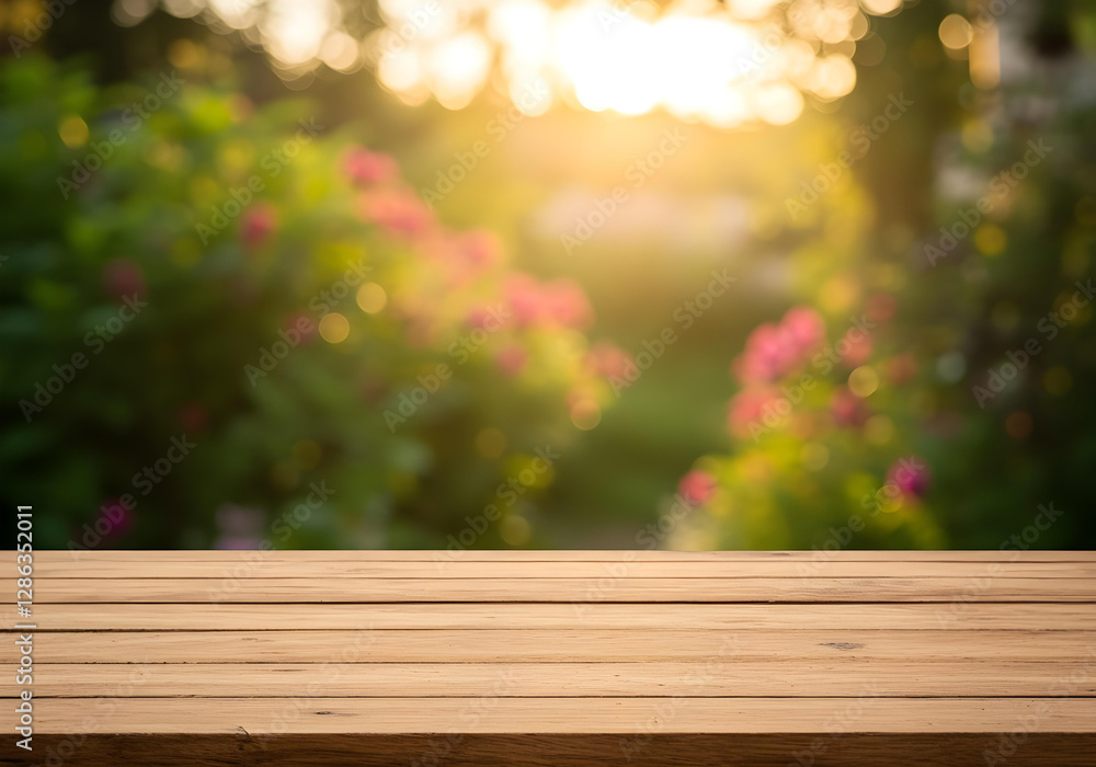 Wooden table in front of a peaceful garden illuminated by golden sunlight
Wooden table in front of a peaceful garden illuminated by golden sunlight