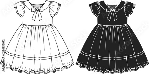 Girls Empire Babydoll Dress design with smocking chest details flat sketch fashion illustration drawing