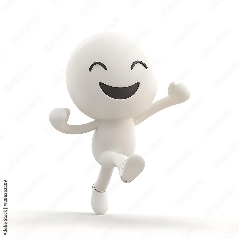 Joyful Character: A cheerful, minimalist character with a wide, expressive smile is captured mid-stride in a dynamic pose, conveying happiness and a sense of fun, and lightness Joyful Character: A cheerful, minimalist character with a wide, expressive smile is captured mid-stride in a dynamic pose, conveying happiness and a sense of fun, and lightness