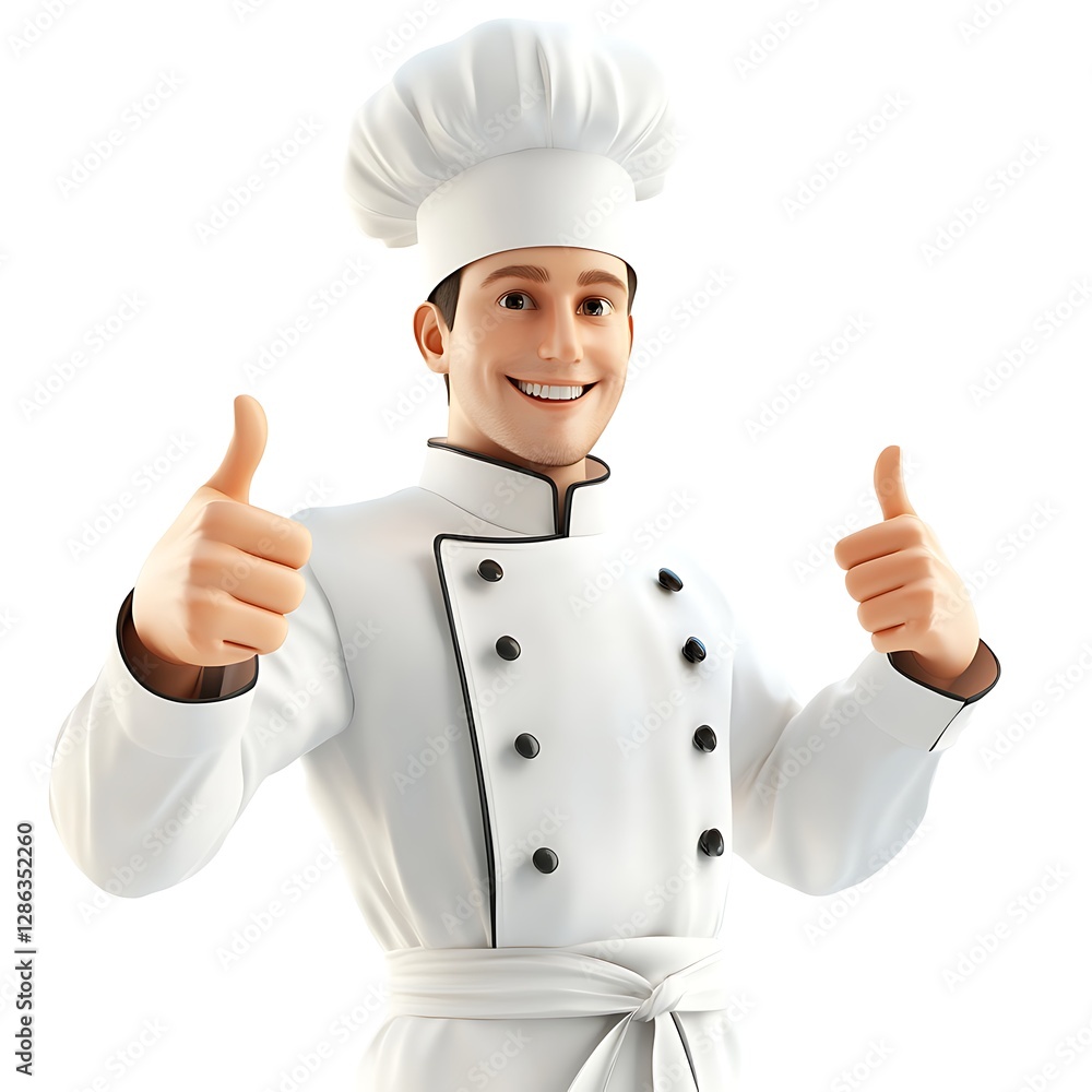 The Chef's Affirmation: A cheerful chef in pristine attire offers a double thumbs-up, radiating confidence, enthusiasm and satisfaction in his culinary domain. The Chef's Affirmation: A cheerful chef in pristine attire offers a double thumbs-up, radiating confidence, enthusiasm and satisfaction in his culinary domain.