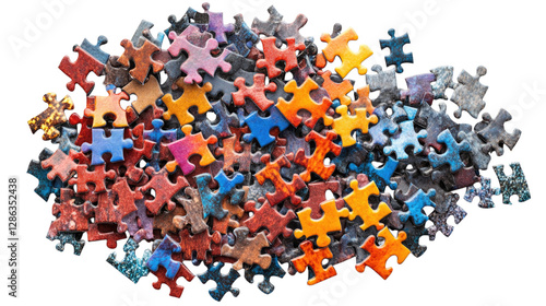 Colorful jigsaw puzzle pieces scattered on a white surface isolated on transparent background, PNG