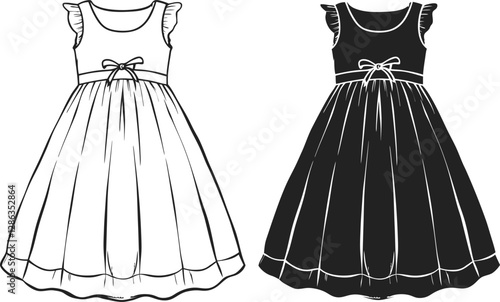 Girls Empire Babydoll Dress design with smocking chest details flat sketch fashion illustration drawing