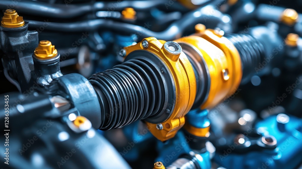 Obraz premium A vibrant close-up of a yellow and black motorcycle showcasing its sleek design and intricate details, capturing the essence of modern engineering.