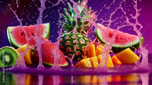 Vibrant tropical fruit splash with watermelon, pineapple, and citrus explosion