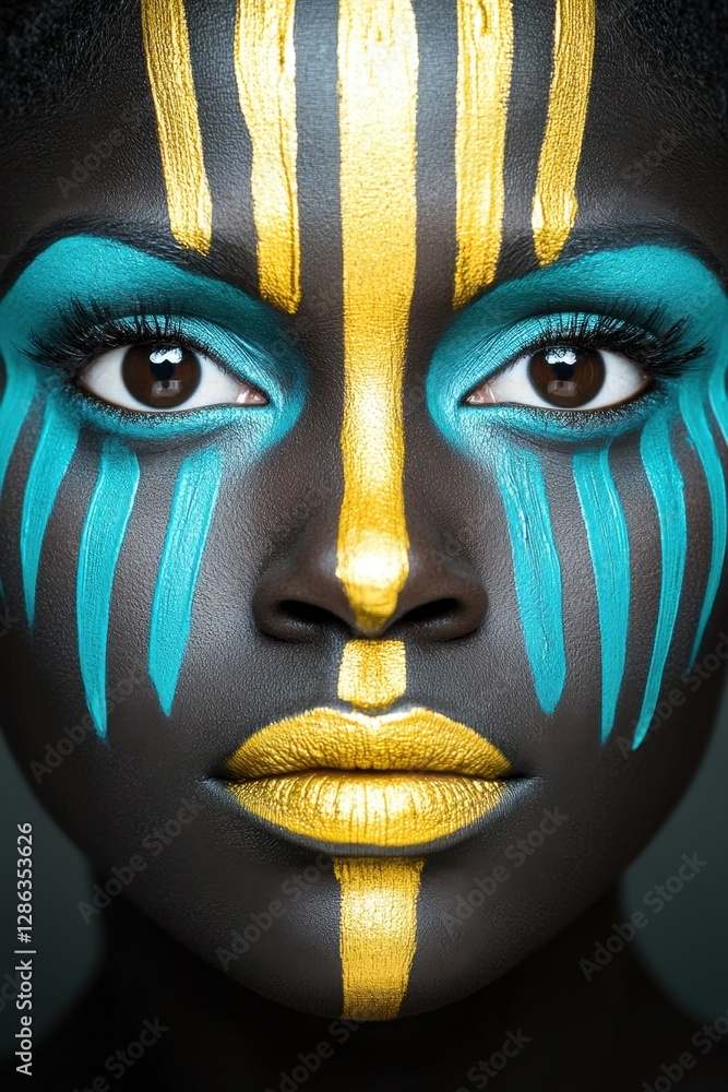 Close up portrait of a woman with striking face paint. Bold gold and teal accents adorn her dark skin, creating a powerful and artistic image. The Close up portrait of a woman with striking face paint. Bold gold and teal accents adorn her dark skin, creating a powerful and artistic image. The