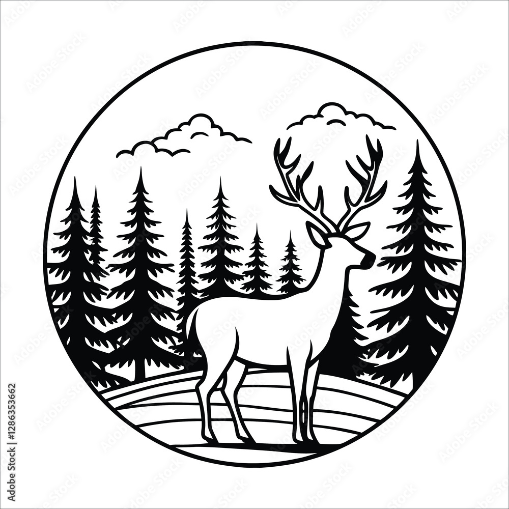 Fototapeta premium Majestic Deer in Forest Silhouette Vector