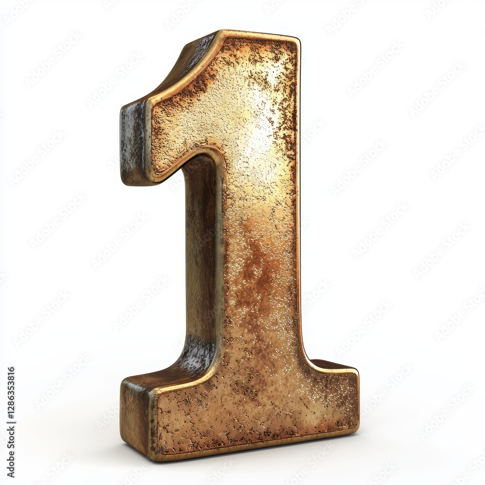 Number 1 made of polished bronze with smooth antique patina and golden highlights isolated on a clean white background