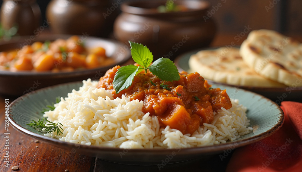 Fluffy basmati rice with curry, hearty and comforting dish Fluffy basmati rice with curry, hearty and comforting dish