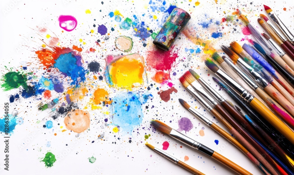 Obraz premium Paintbrushes on canvas with colorful splatters, ready for art creation