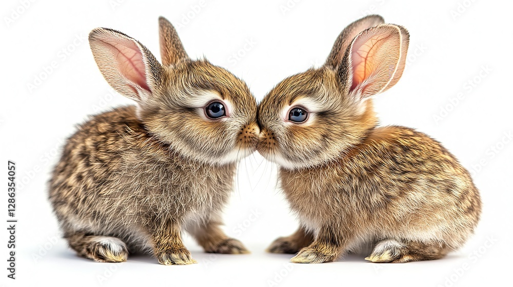 Obraz premium Two adorable baby rabbits kissing on a white background, detailed illustration of love and affection