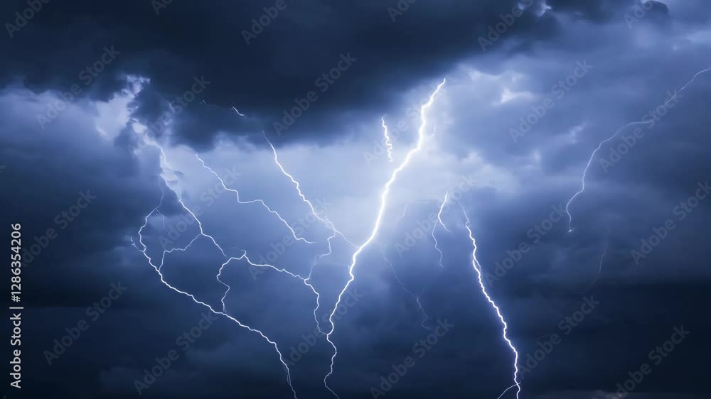 Dramatic thunderstorm lightning flashes across dark skies in night storm