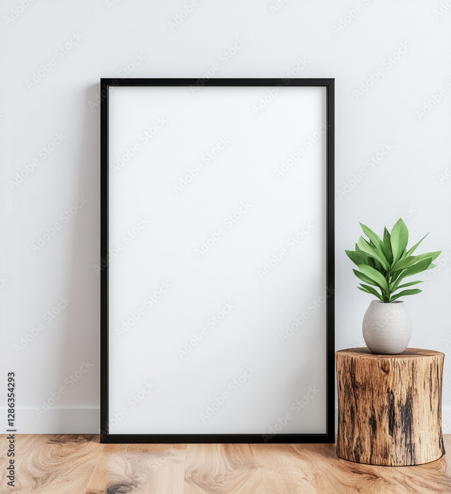 Blank vertical frame mockup with a small green plant in a gray pot on a rustic wooden stump against a textured white wall. Simple, clean, and Blank vertical frame mockup with a small green plant in a gray pot on a rustic wooden stump against a textured white wall. Simple, clean, and