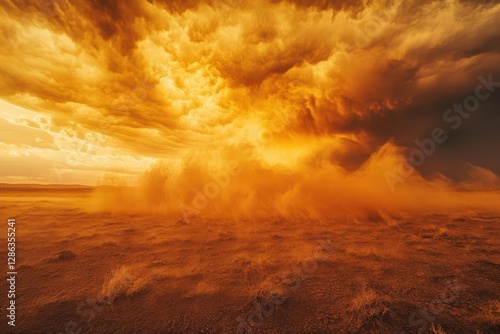 a swirling sandstorm at golden hour massive dust clouds illuminated by dramatic sunlight creating ethereal patterns against a desert landscape with intense orange and amber hues