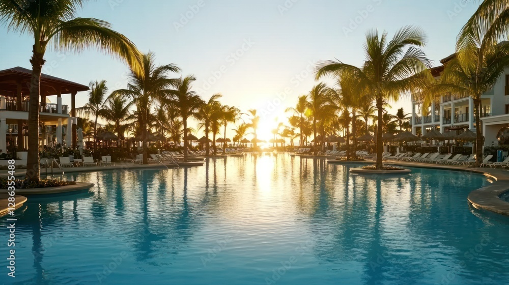 Luxury Resort Pool with Palm Trees and Sunset Glow for Relaxing Vacation Luxury Resort Pool with Palm Trees and Sunset Glow for Relaxing Vacation