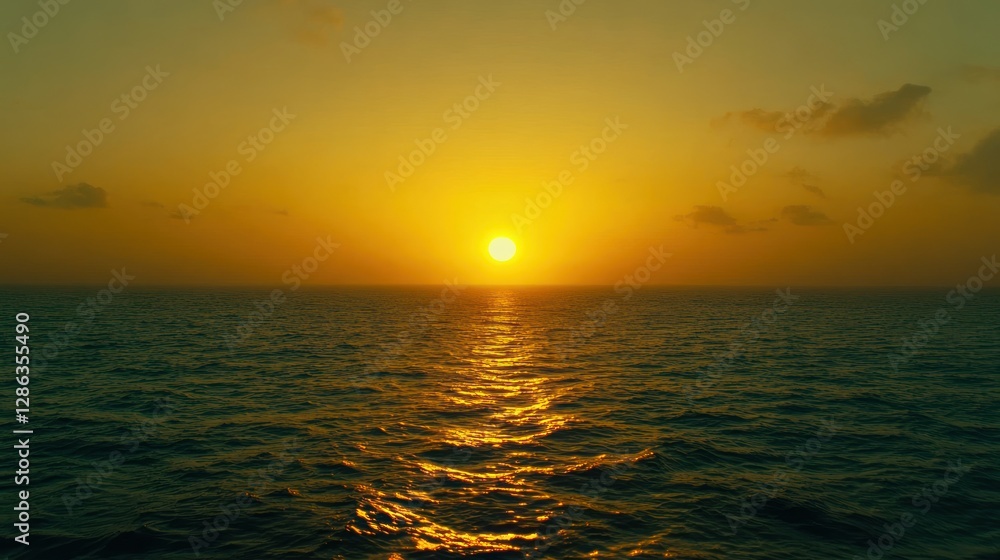 Ocean Horizon at Sunset with Golden Light Reflecting on Water Surface