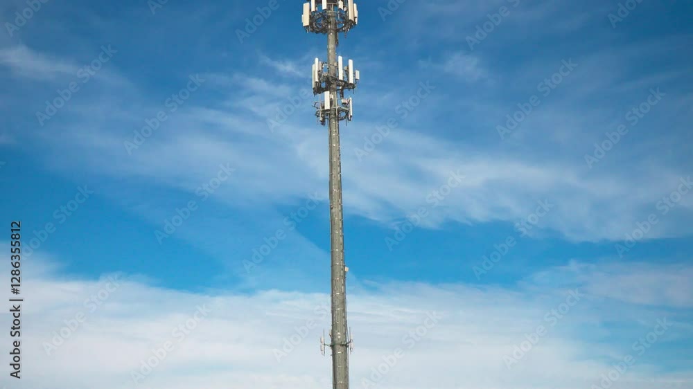 Tilting downward shot of a cellular communications tower and antenna providing digital service in a shopping area on a sunny day with clouds. Tilting downward shot of a cellular communications tower and antenna providing digital service in a shopping area on a sunny day with clouds.