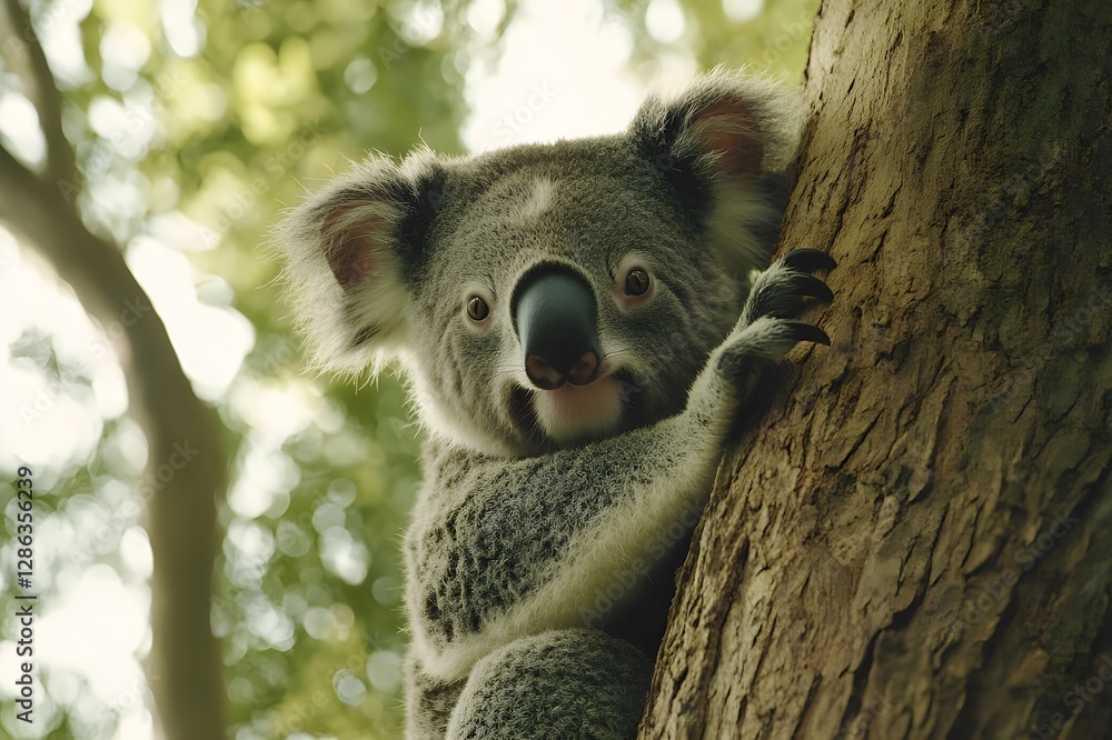 Obraz premium Koala with black round nose and big ears, natural charm of exotic animal calm with tight hug on tree trunk gives the impression of tranquility in the beauty of nature