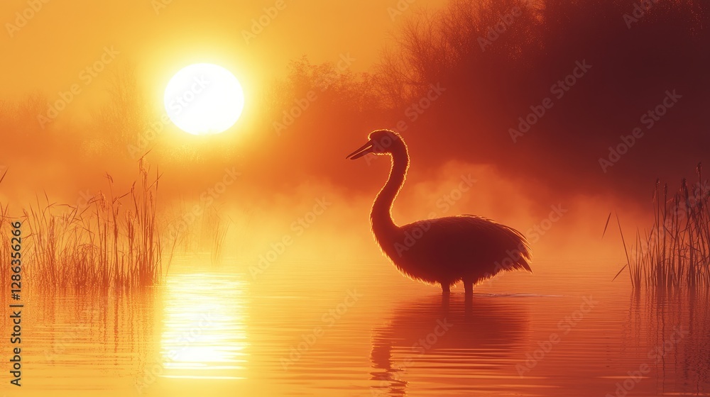 Fototapeta premium Sunrise Crane Silhouette Lake Waterfowl Photography