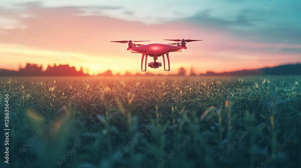 Drone Flying Over a Field at Sunset Drone Flying Over a Field at Sunset