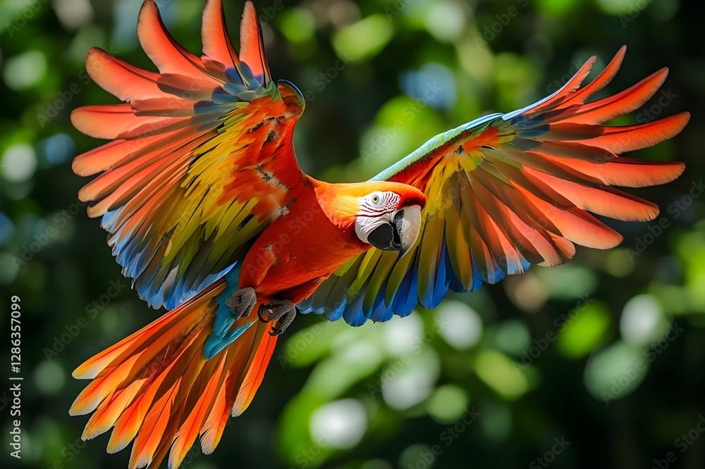 Fototapeta premium An overhead view of a parrot with bright colors covering its pointed feathers. Its wide, curved wings look ready to fly into the vast sky