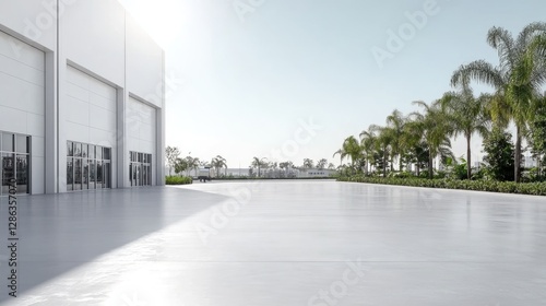 Modern warehouse, palm trees, sunny day, empty lot