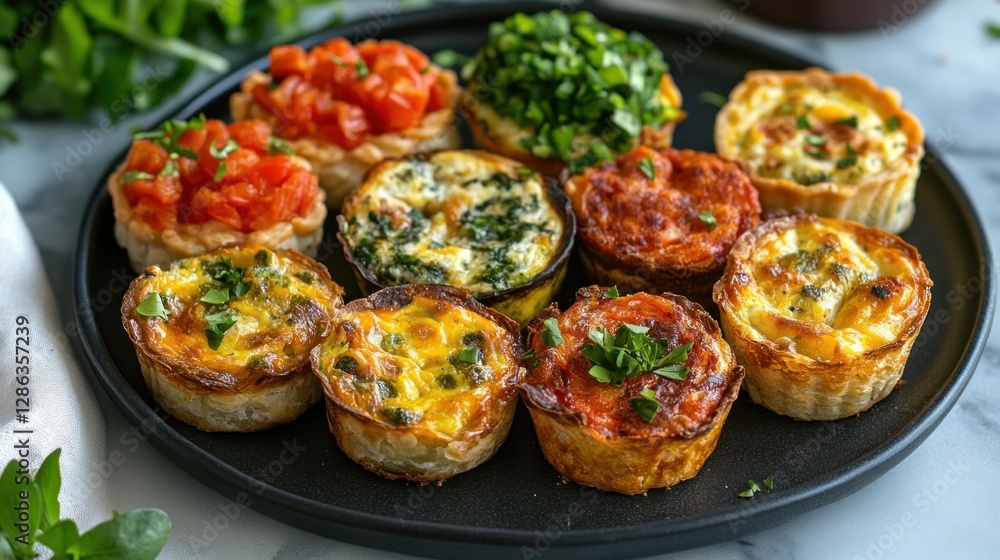 Assorted mini quiches with various fillings, including spinach, tomato, and cheese, served on a black plate. Assorted mini quiches with various fillings, including spinach, tomato, and cheese, served on a black plate.