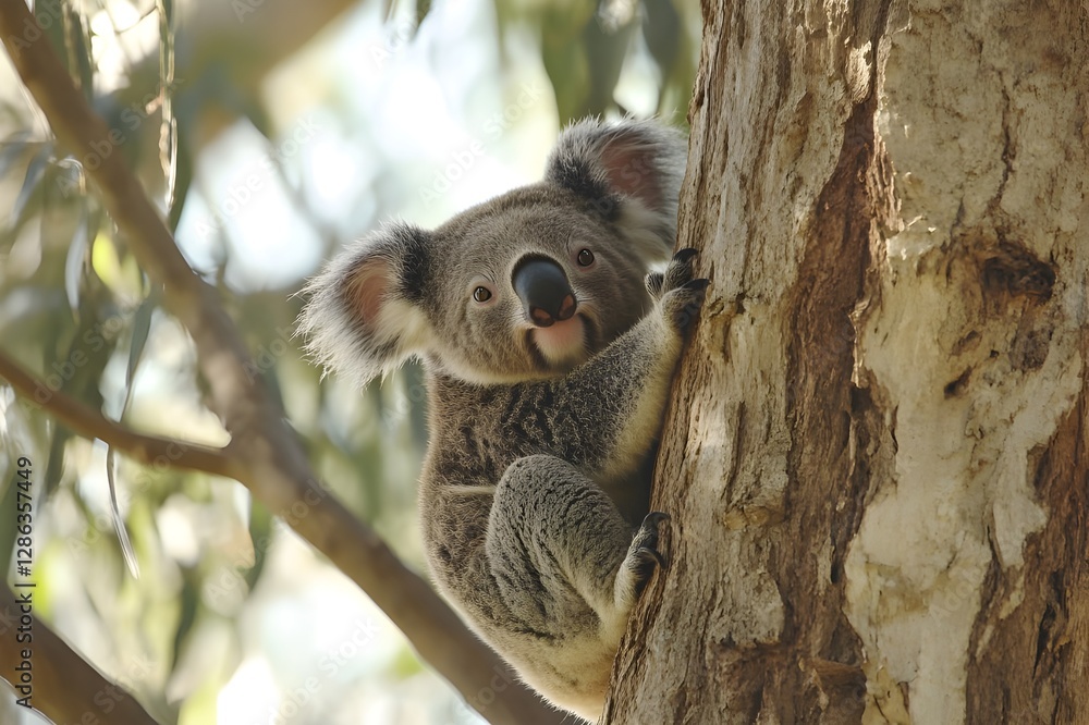 Obraz premium Koala with black round nose and big ears, natural charm of exotic animal calm with tight hug on tree trunk gives the impression of tranquility in the beauty of nature