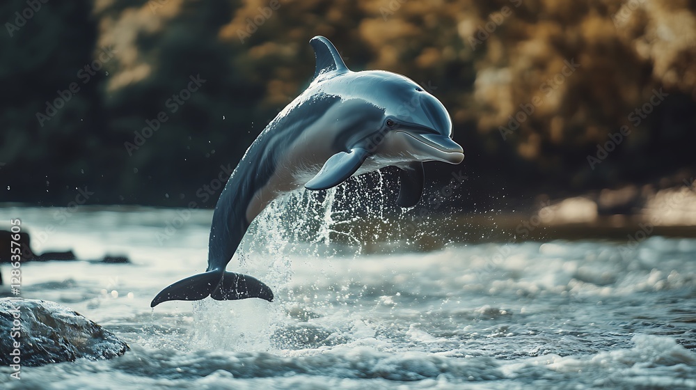 Obraz premium A stuffed dolphin leaping out of the water near the shoreline