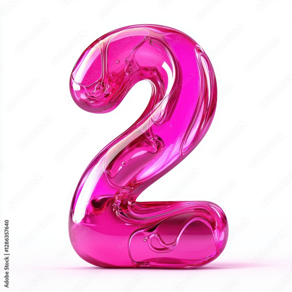 Number 2 made of vibrant neon pink liquid with swirling motion and glossy reflections isolated on a clean white background Number 2 made of vibrant neon pink liquid with swirling motion and glossy reflections isolated on a clean white background