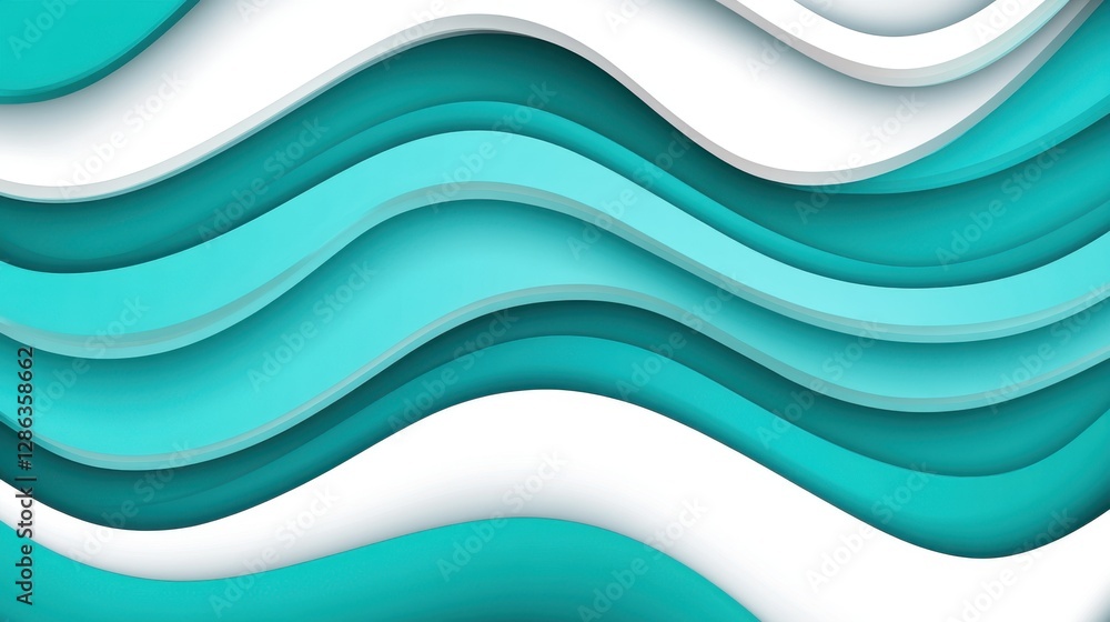 Fototapeta premium Abstract background with teal and white wavy layers creating a dynamic, flowing pattern. The design features a layered paper cut style, resulting in
