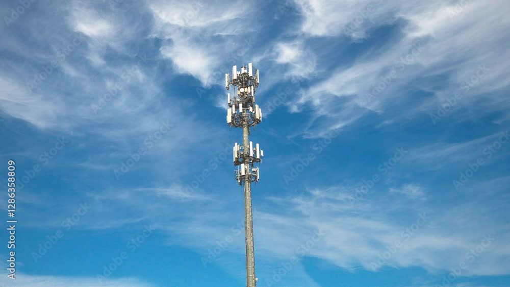 Static shot of a cellular communications tower and antenna on a sunny day with moving clouds. Static shot of a cellular communications tower and antenna on a sunny day with moving clouds.