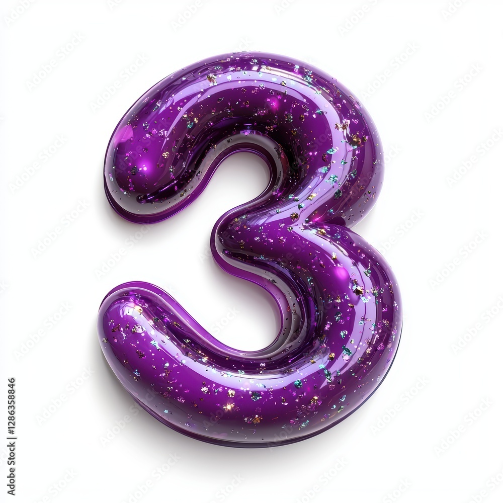 Number 3 made of glossy purple slime with holographic glitter particles suspended inside isolated on a clean white background Number 3 made of glossy purple slime with holographic glitter particles suspended inside isolated on a clean white background