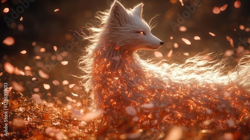 Magical White Fox in Sunset Glow with Falling Petals