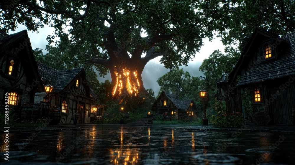 Fototapeta premium Enchanted village at twilight with glowing tree, reflecting on wet cobblestone streets