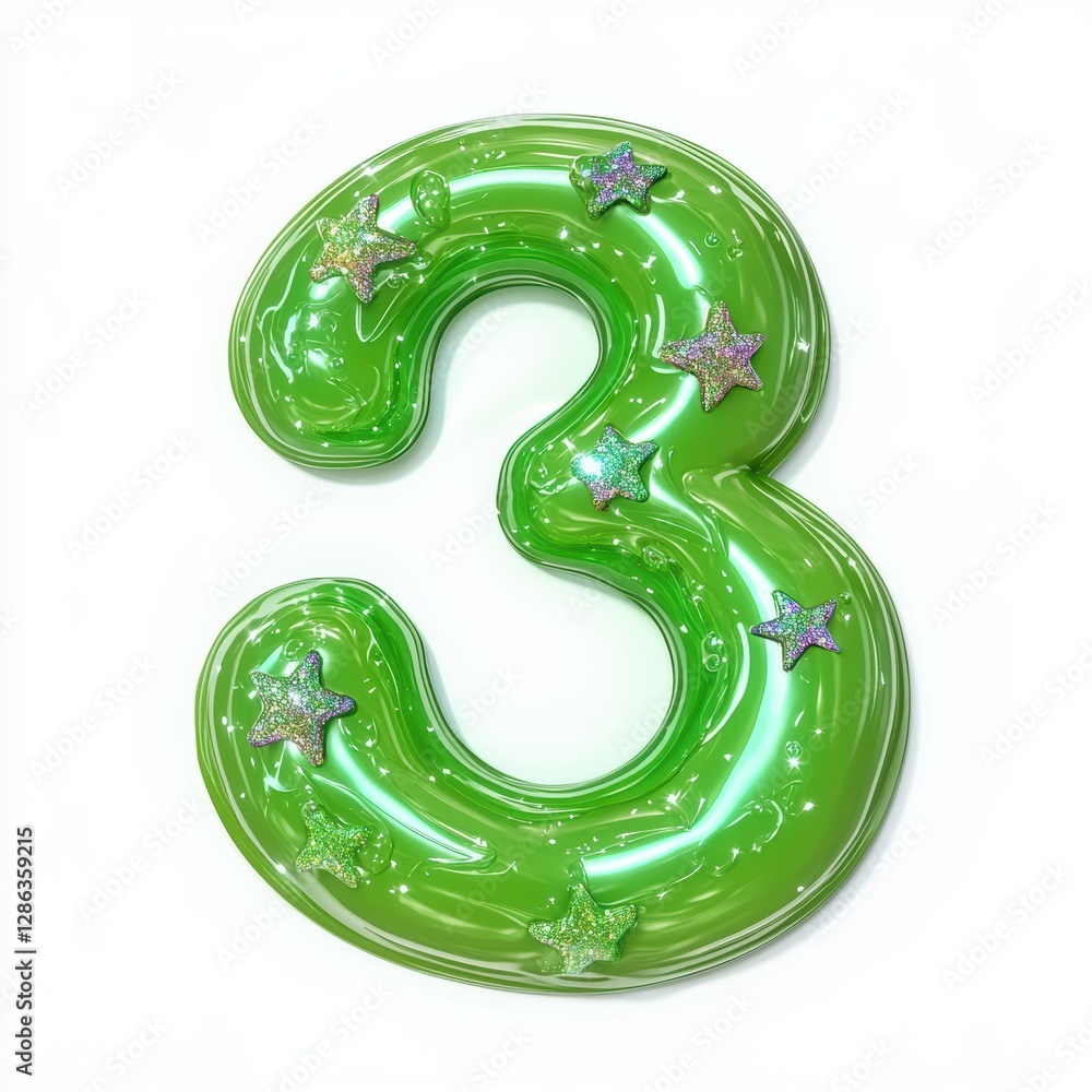 Number 3 made of neon green slime with iridescent star-shaped glitter floating inside isolated on a clean white background Number 3 made of neon green slime with iridescent star-shaped glitter floating inside isolated on a clean white background
