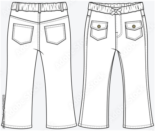 FIT AND FLARED DENIM JEANS WITH FRONT BUTTONED FLAP POCKET DETAIL DESIGNED FOR KID GIRLS TWEENS AND TODDLER GIRLS IN VECTOR FILE