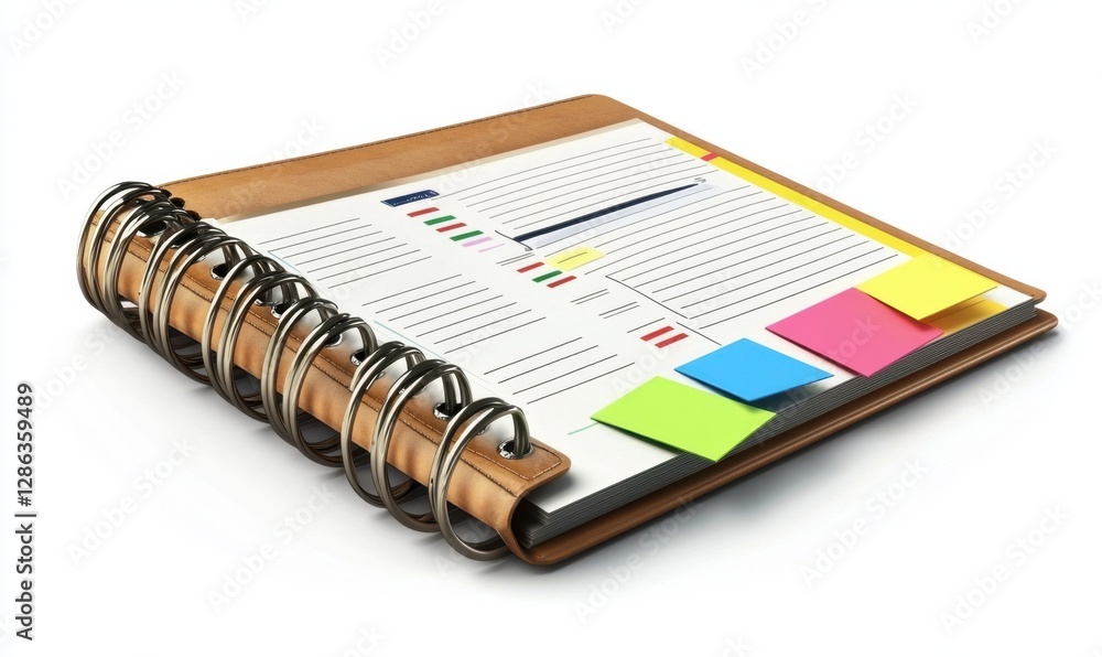 Spiral notebook with sticky notes, open page, schedule, planning, white background, office use