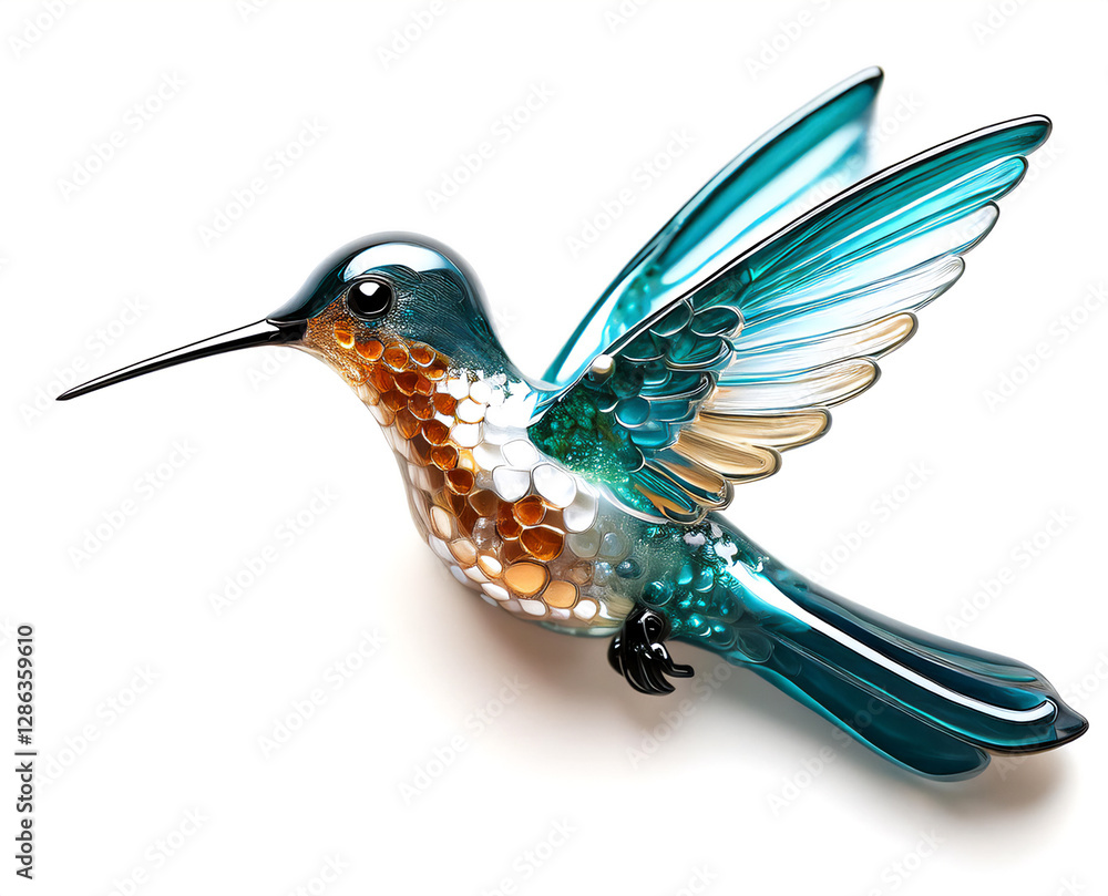Fototapeta premium ガラスのハチドリのブローチ。白背景。（Glass hummingbird brooch on white background） 