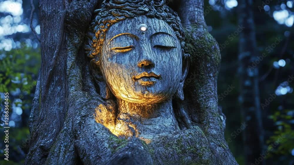 Enshrined Serenity, Buddha Statue Embraced by Ancient Forest Roots Enshrined Serenity, Buddha Statue Embraced by Ancient Forest Roots