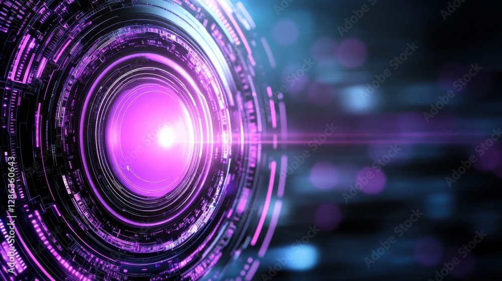 Obraz premium Abstract digital artwork featuring concentric circles of purple and pink light, glowing with a bright center, against a dark background with blurred