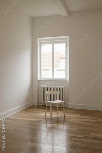 Lone chair in an empty room illuminated by soft light through a window creates a tranquil atmosphere