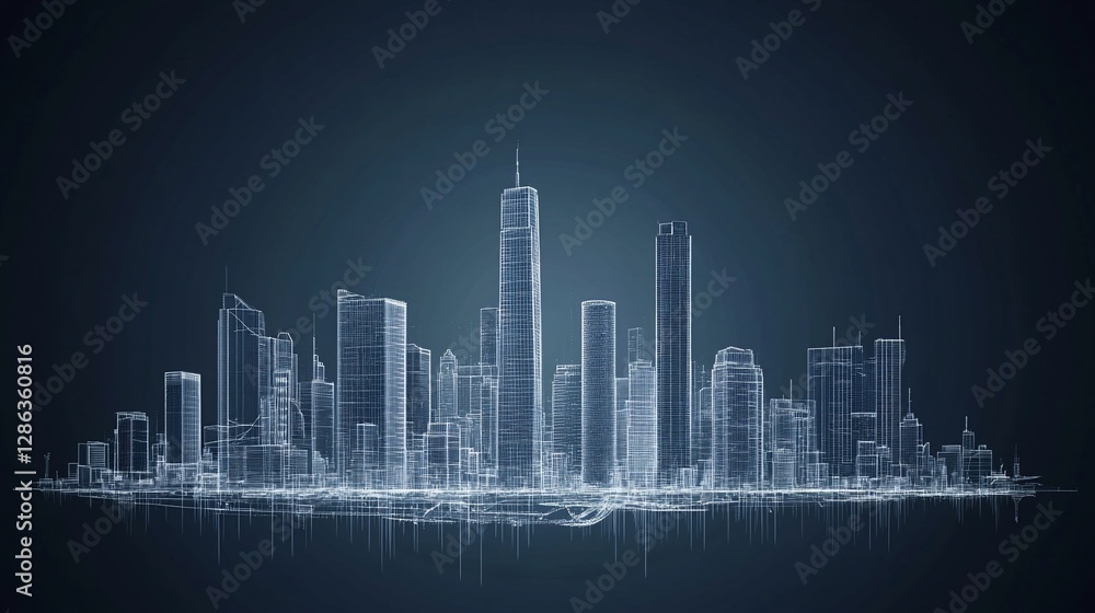 Detailed Wireframe Rendering of a Cityscape at Night with a dark background Detailed Wireframe Rendering of a Cityscape at Night with a dark background