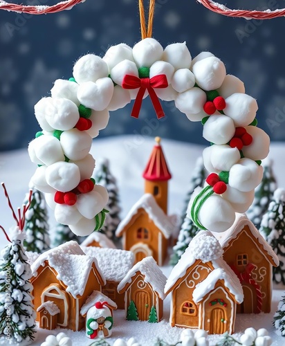 an image of a christmas wreath made of marshmallows and a ginger house, there is a small christmas village with a wreath on top of it photo