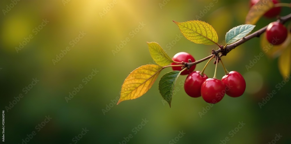 Obraz premium Brown stems with leaves from the wild cherry tree branch, tree, woodsy